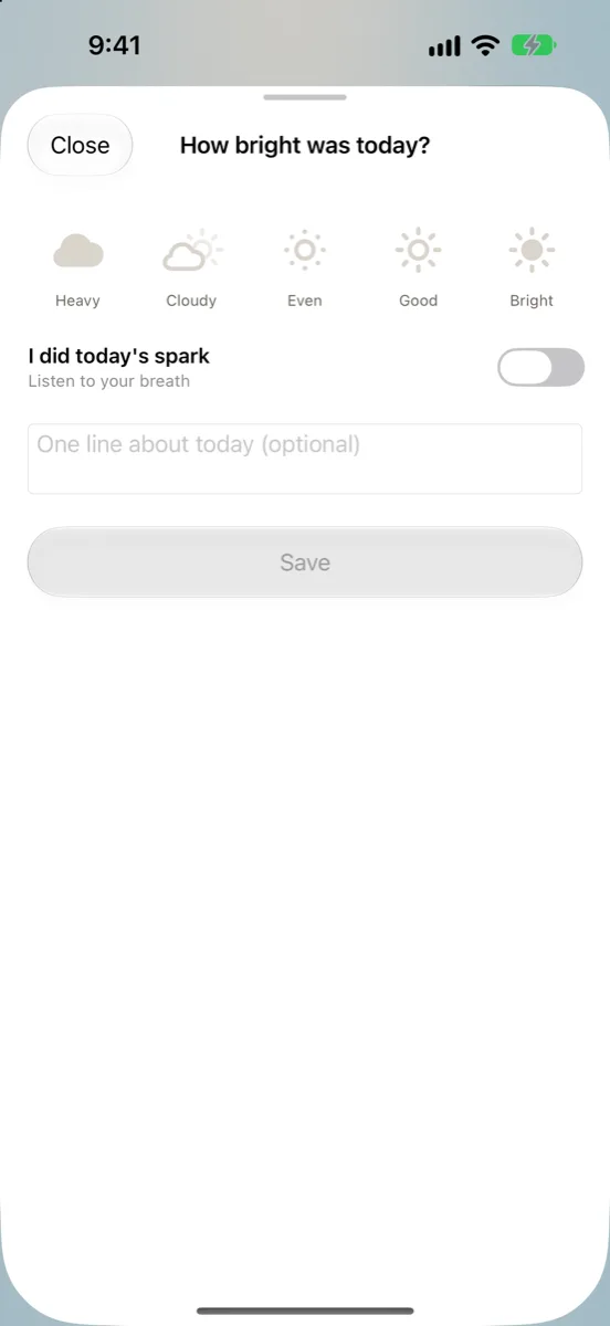 DayBright evening check-in sheet with a brightness rating and a note field